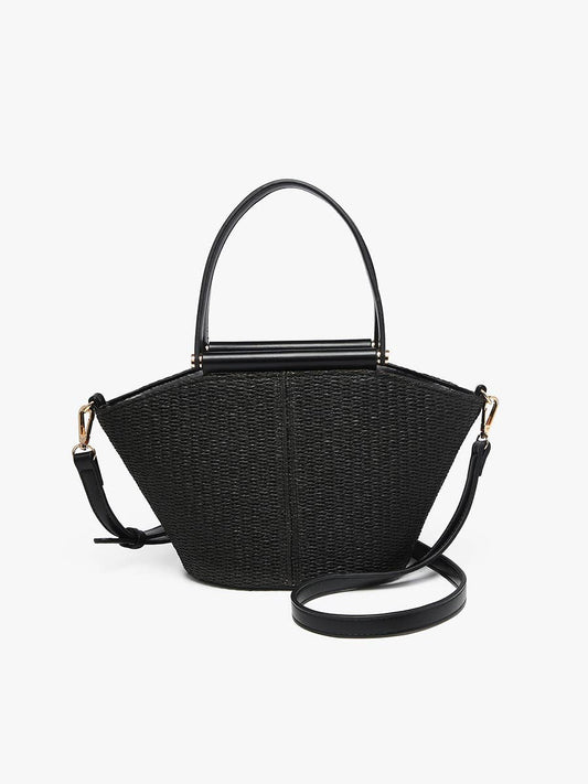 Black woven handbag with a strap on a white background