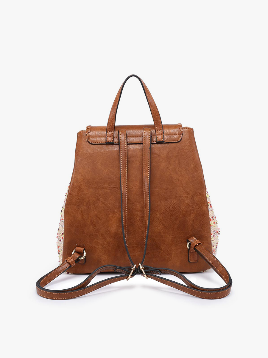Brown backpack with floral pattern on a white background