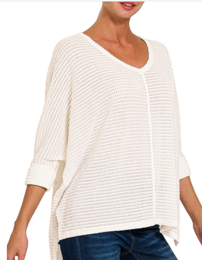 Plus 3/4 Sleeve V-neck Hi-low Hem Jacquard Sweater