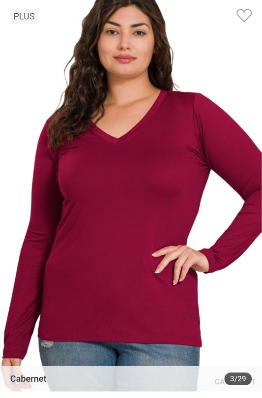 Plus Brushed Microfiber Long Sleeve V-neck Tee