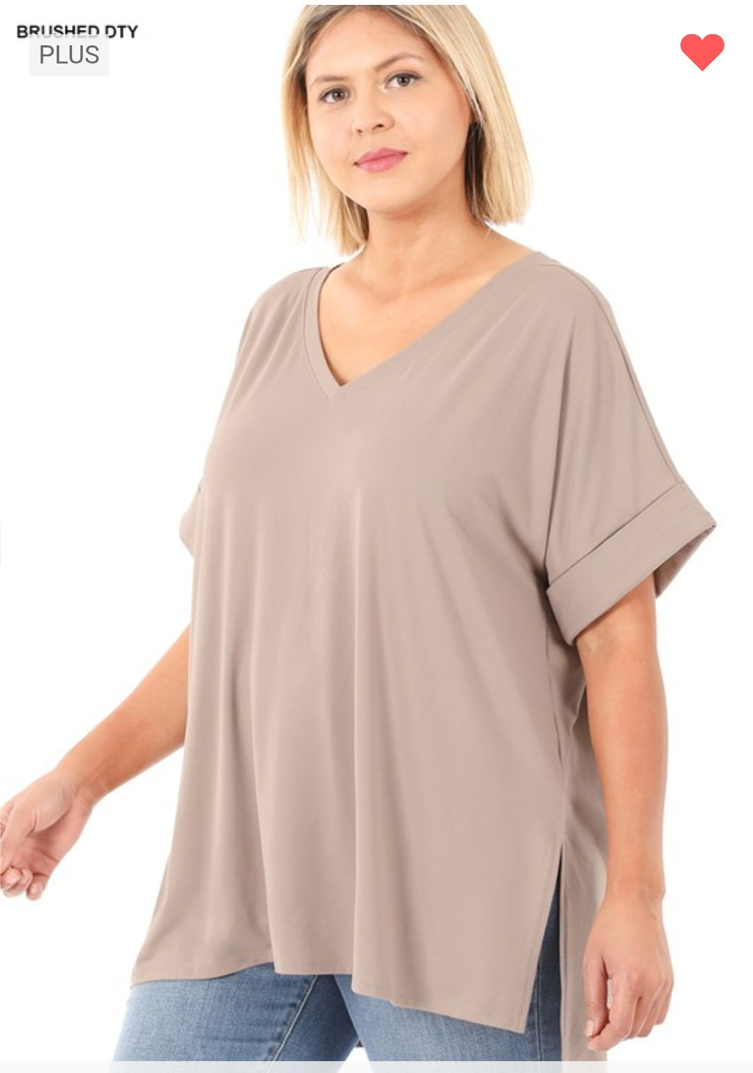 Plus Brushed Dty Rolled Short Sleeve V-neck Top