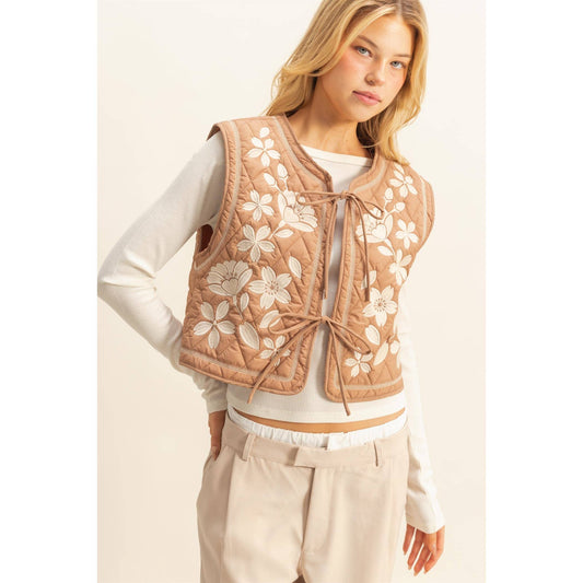 Floral Embroidered Quilted Vest with Tie Front