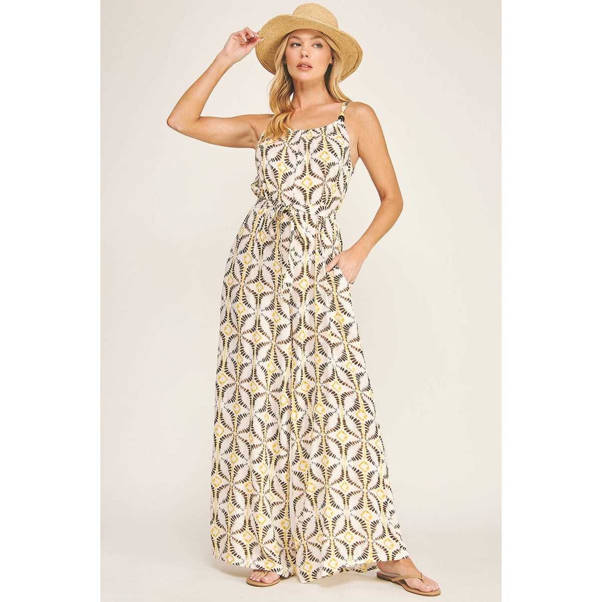 TIE WAIST WIDE LEG JUMPSUIT W/ BEAD TRIM