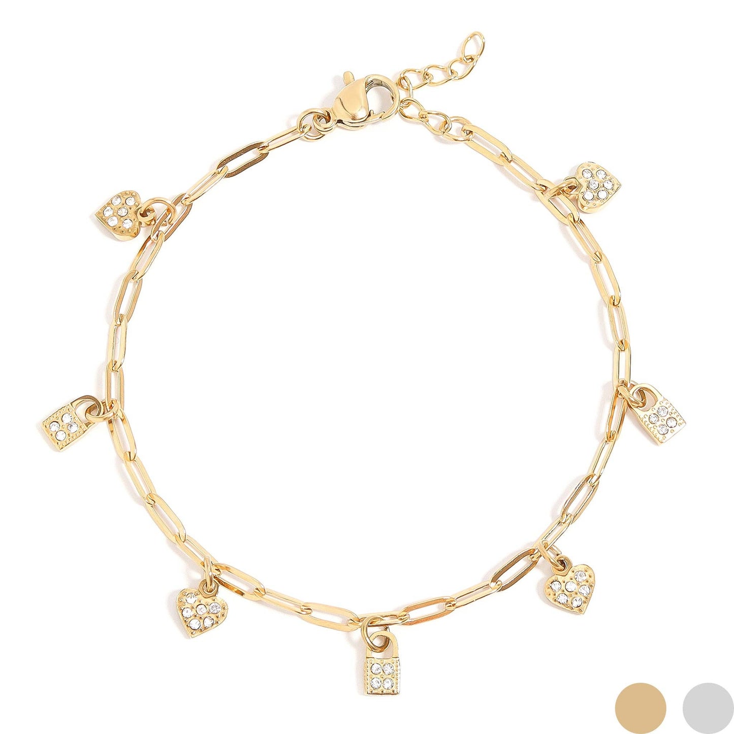 18K Gold PVD Stainless Steel Heart & Lock Charm Bracelet