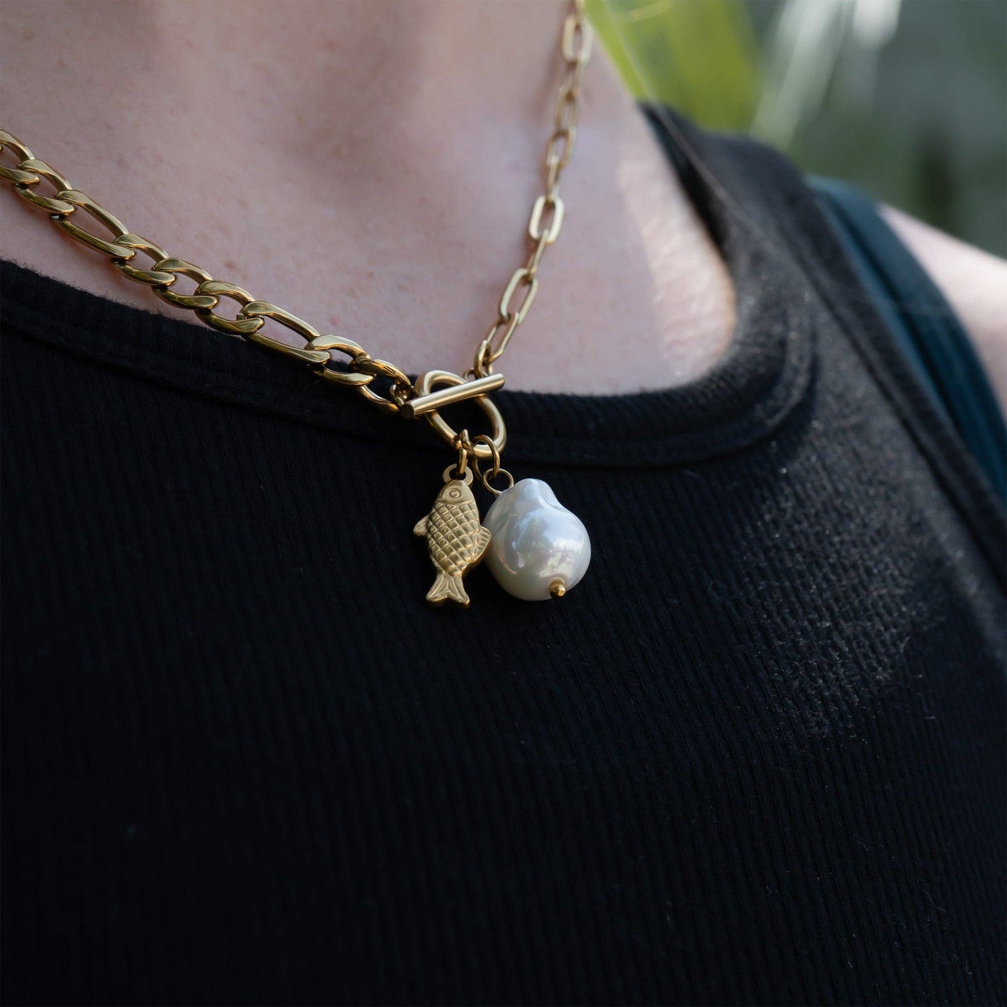 18K Gold PVD Toggle Clasp Freshwater Pearl Charm Necklace