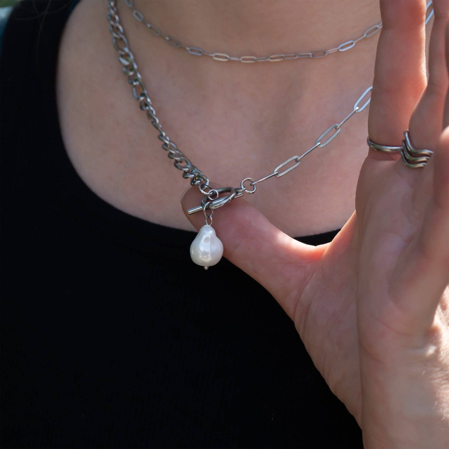 18K Gold PVD Toggle Clasp Freshwater Pearl Charm Necklace