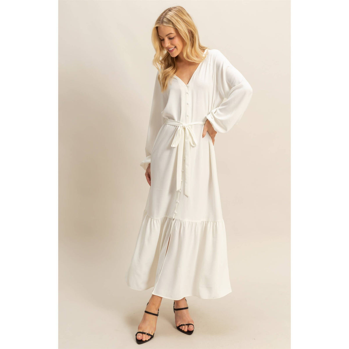 Elegant Long Sleeve Midi Dress With Tie Waist