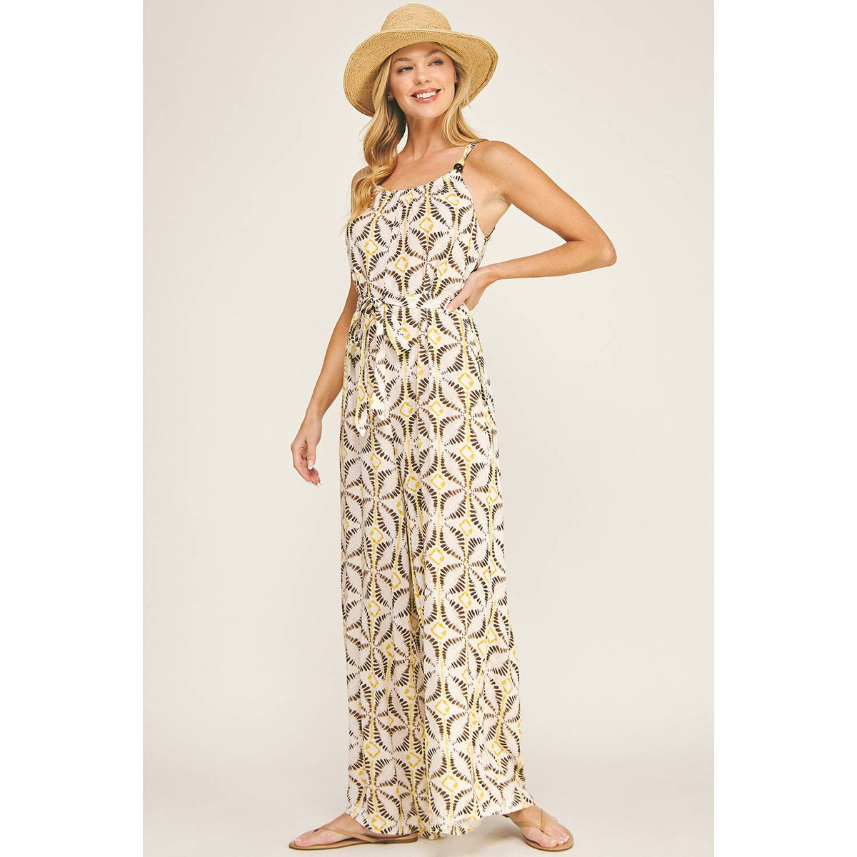 TIE WAIST WIDE LEG JUMPSUIT W/ BEAD TRIM