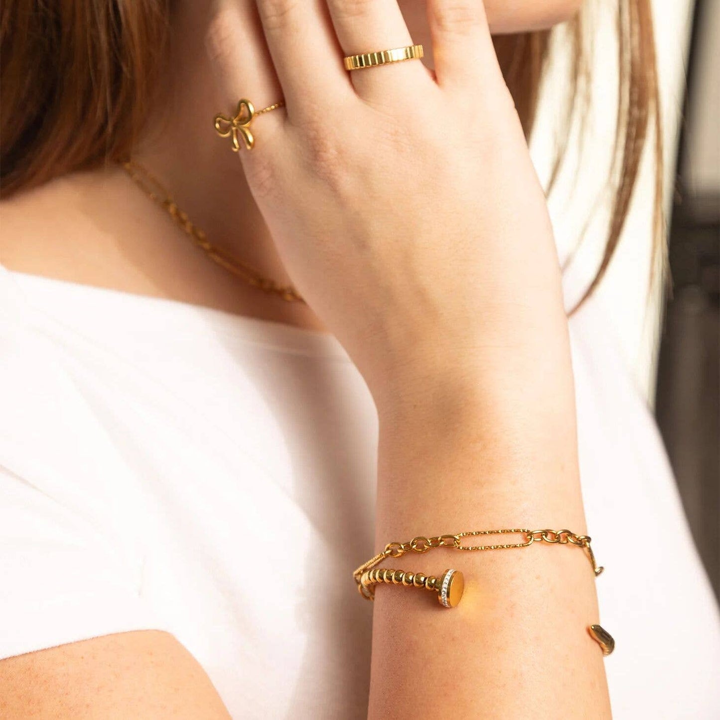 18K Gold PVD Stainless Steel Beaded Nail Bangle With Stones
