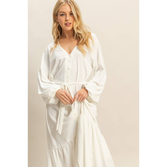 Elegant Long Sleeve Midi Dress With Tie Waist