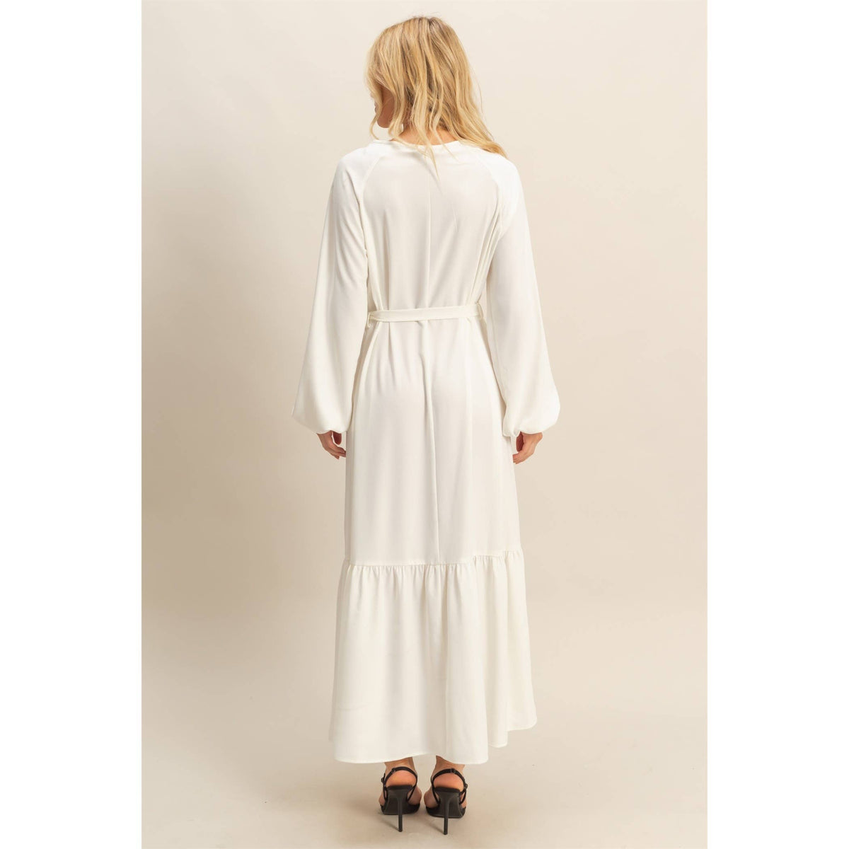 Elegant Long Sleeve Midi Dress With Tie Waist