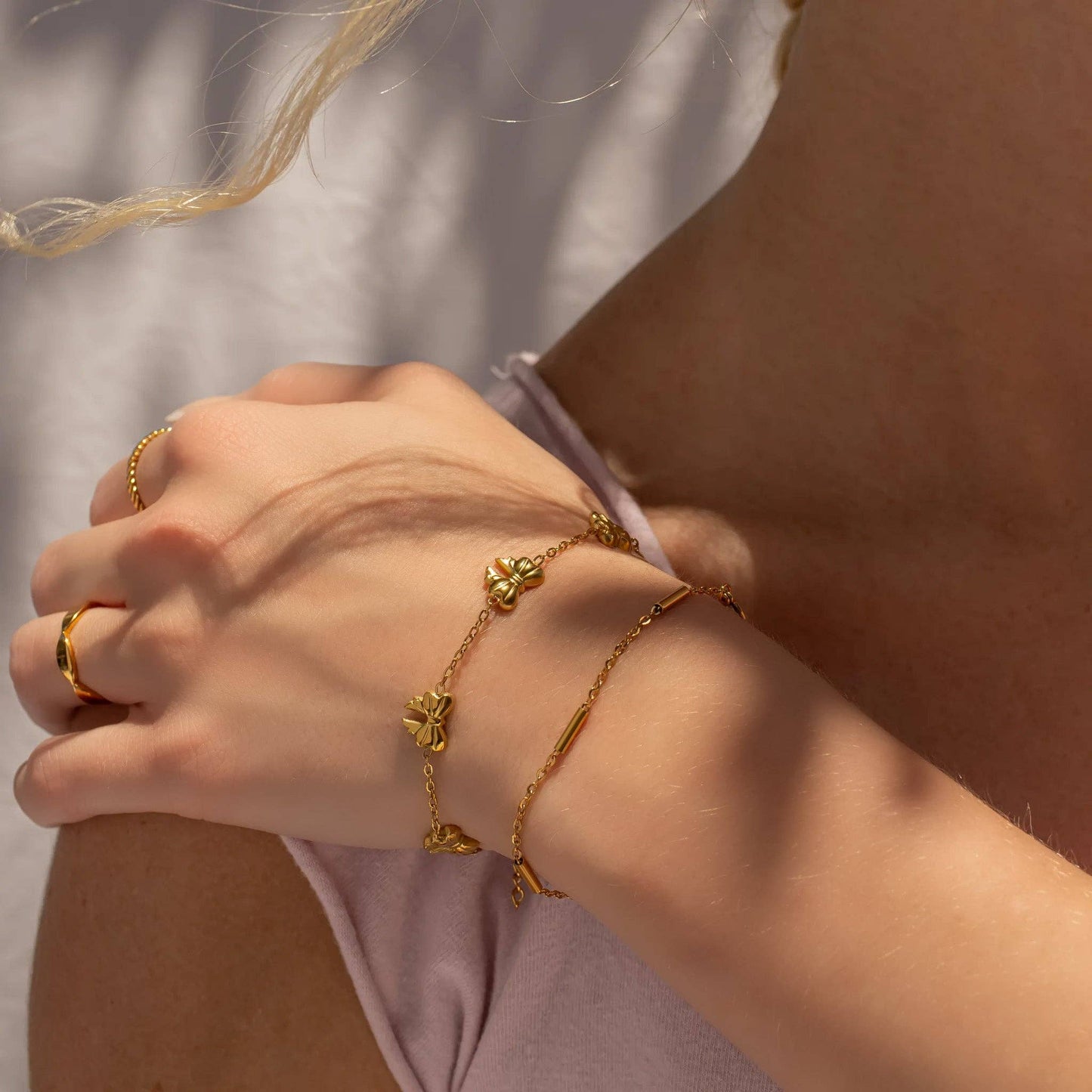 18K Gold PVD Stainless Steel Satellite Bar Chain Bracelet