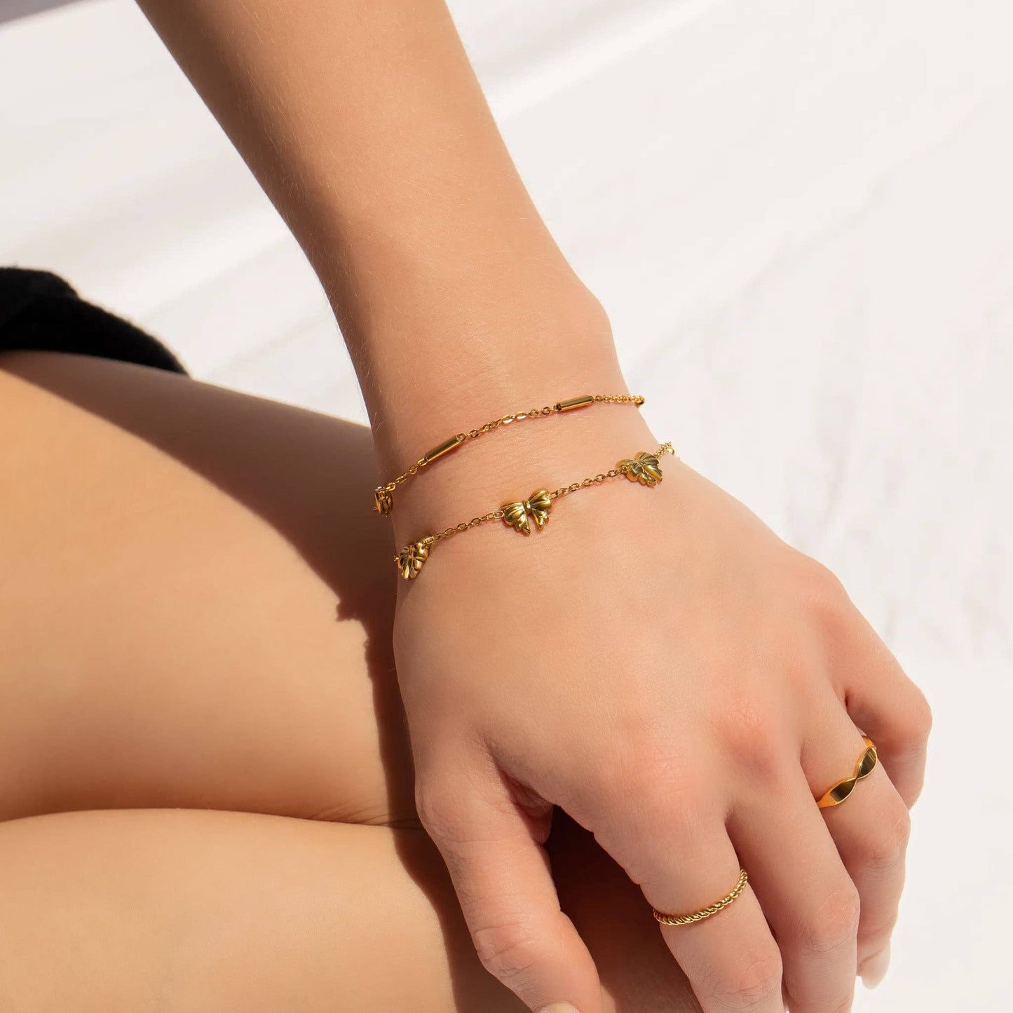 18K Gold PVD Stainless Steel Station Bow Charm Bracelet