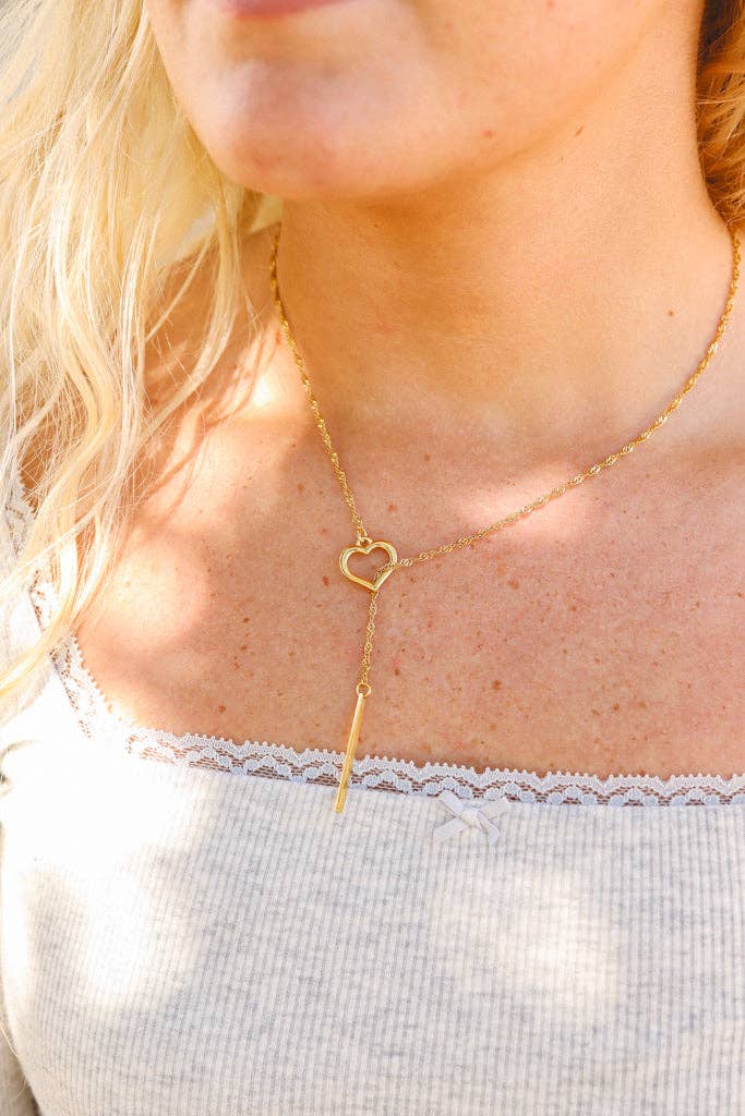 18K Gold PVD Stainless Steel Heart with Drop Bar Lariat Necklace