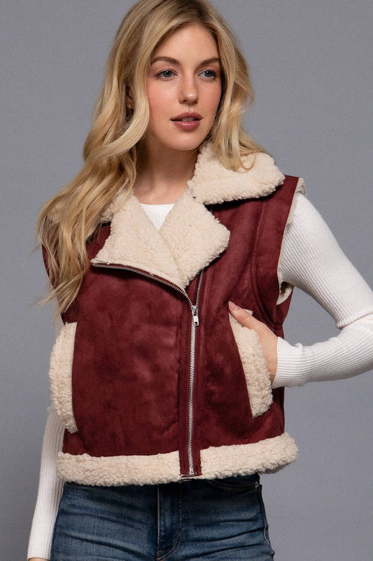 Faux Suede Inner Fur Zip Up Vest