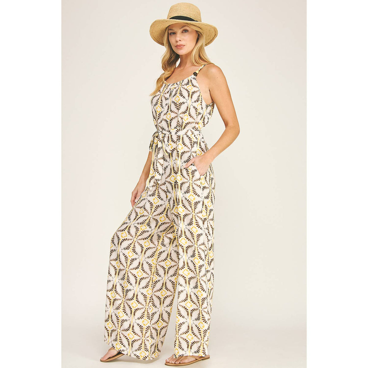 TIE WAIST WIDE LEG JUMPSUIT W/ BEAD TRIM