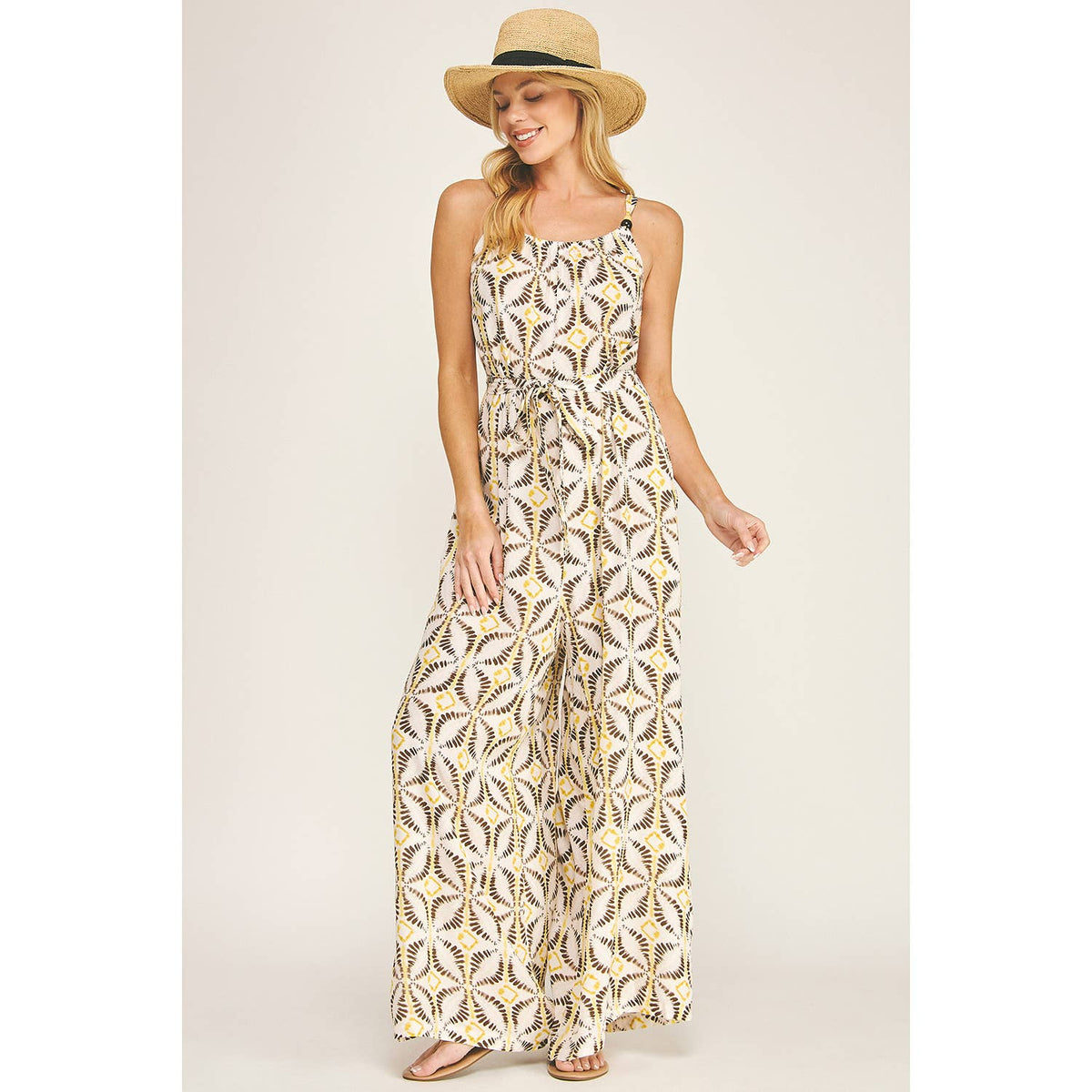 TIE WAIST WIDE LEG JUMPSUIT W/ BEAD TRIM