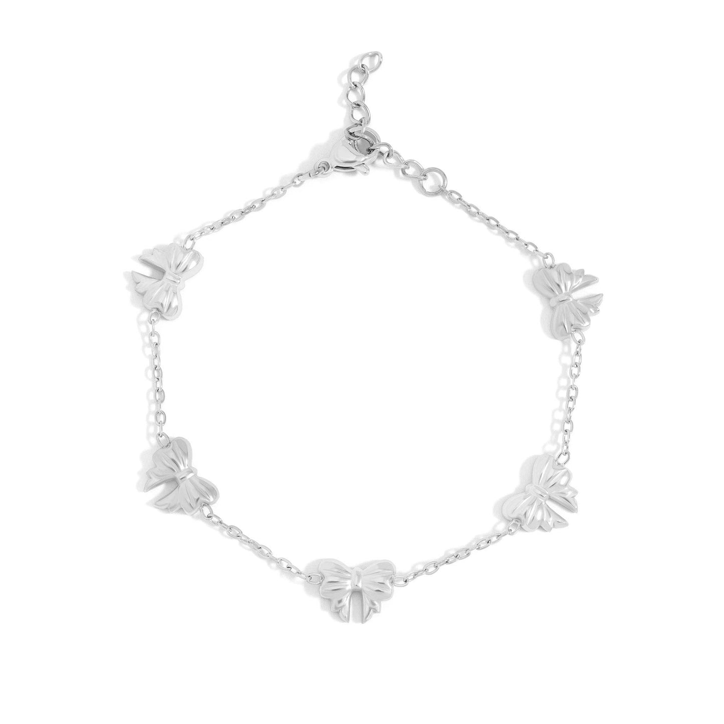 18K Gold PVD Stainless Steel Station Bow Charm Bracelet