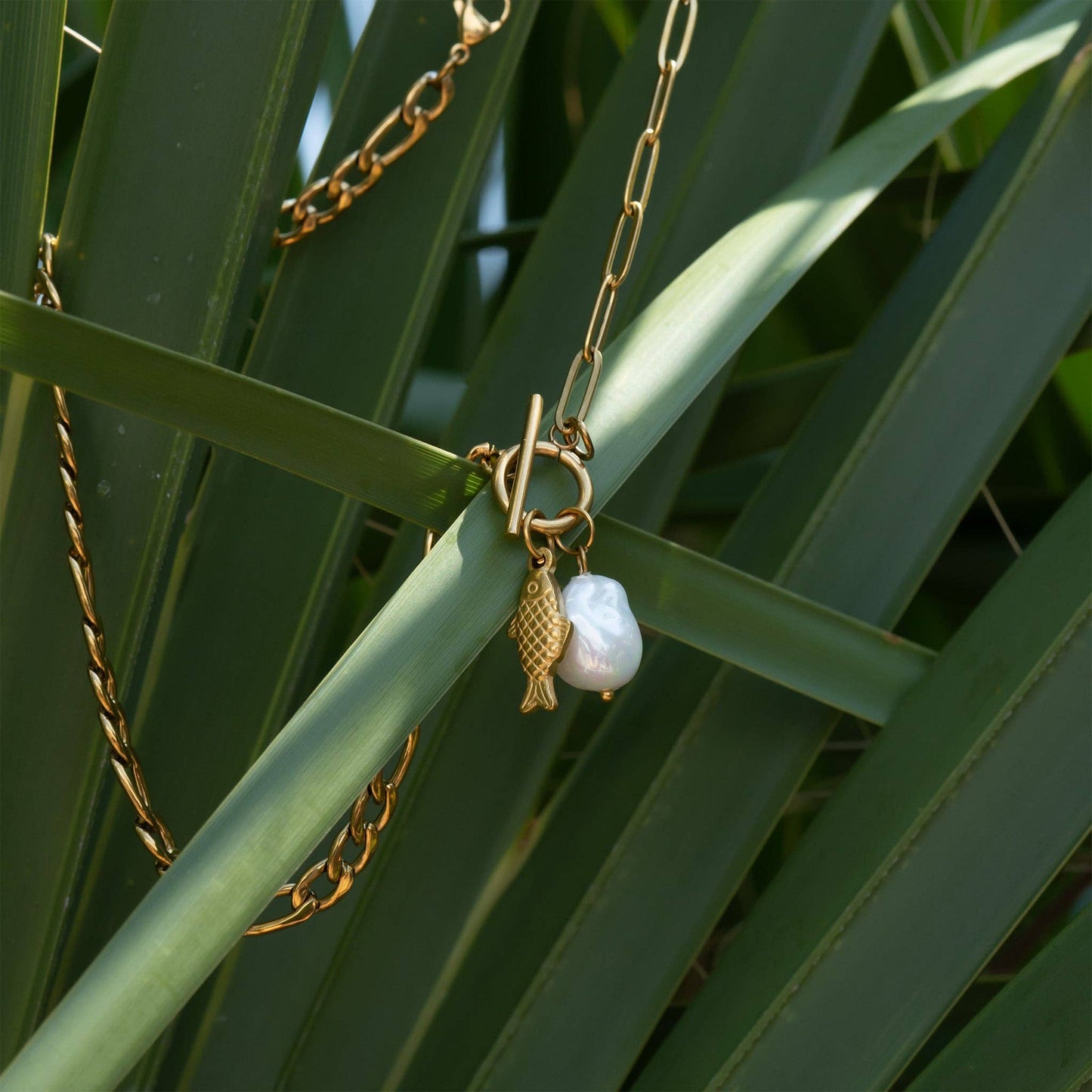 18K Gold PVD Toggle Clasp Freshwater Pearl Charm Necklace