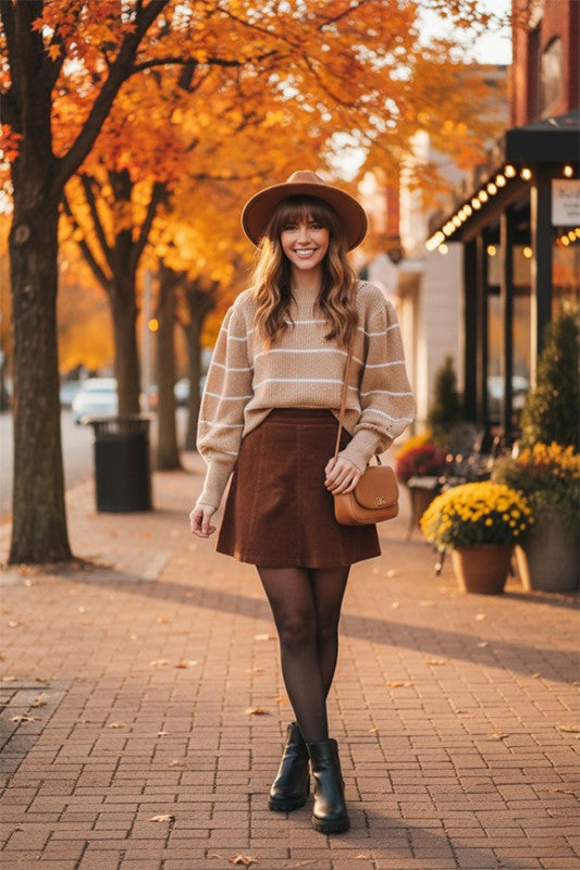 Woman in autumn outfit with striped sweater and brown skirt standing on a sidewalk with fall foliage.