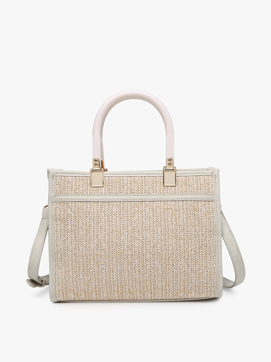Beige woven handbag with a white handle on a light beige background