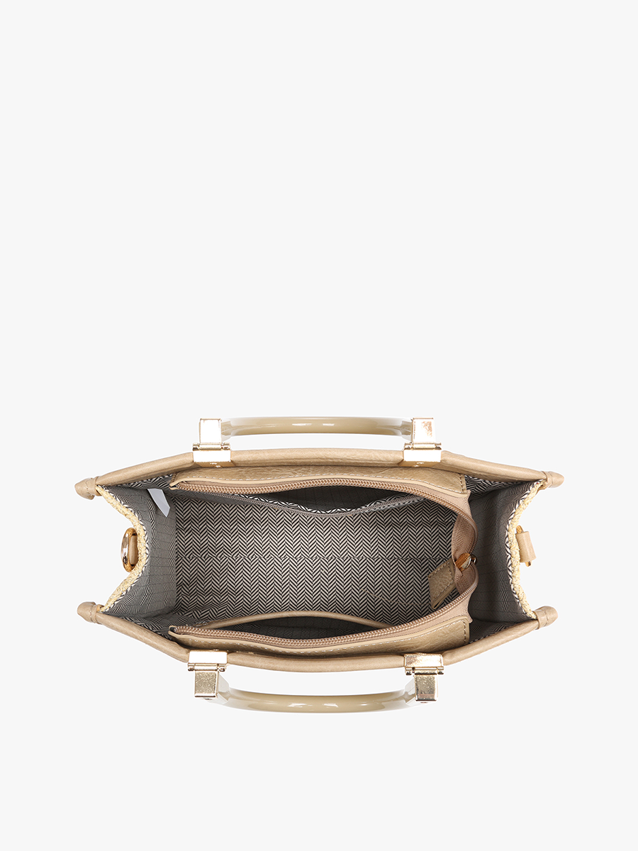 Gold handbag with open lid on a white background