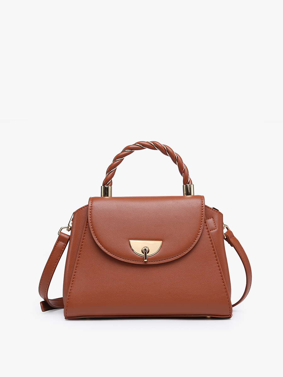 Brown handbag with a twisted handle on a white background