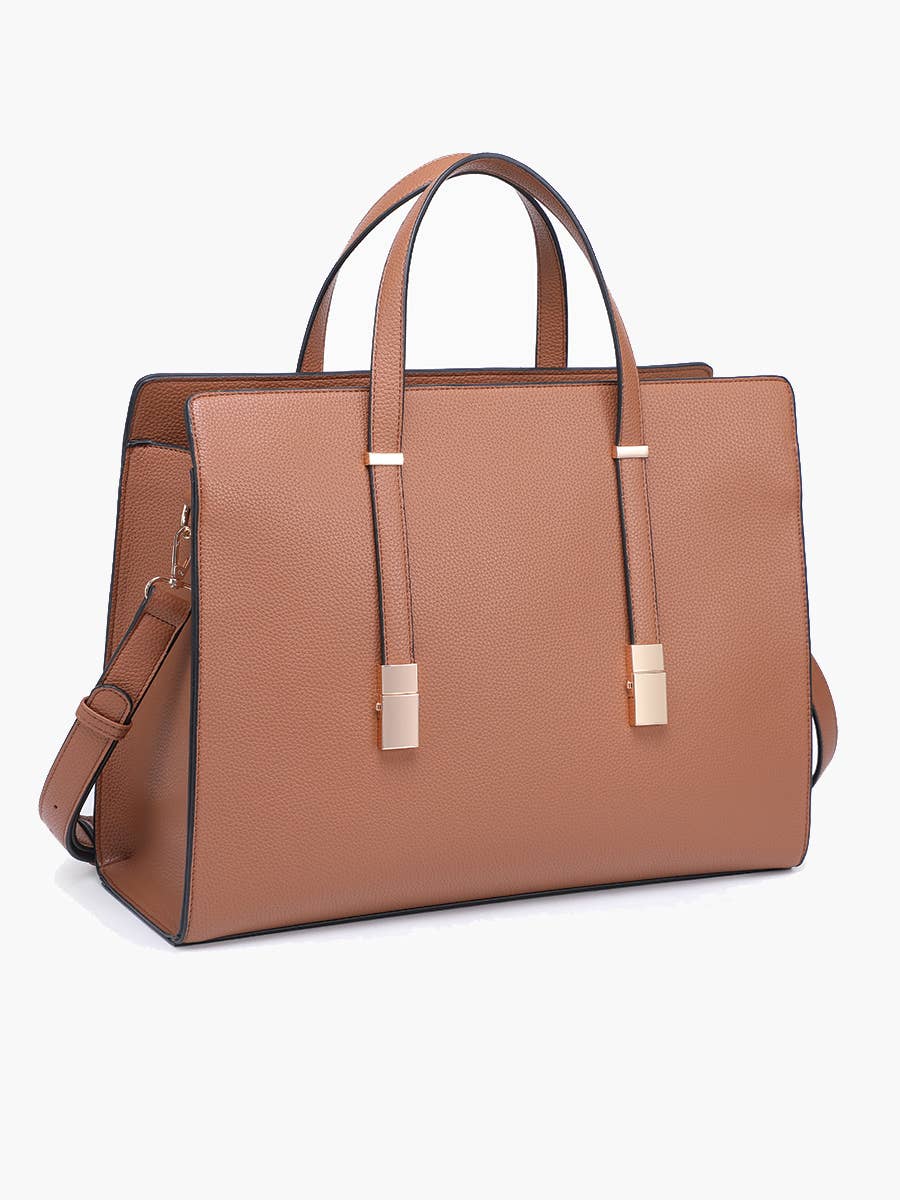 Brown leather handbag with gold accents on a white background